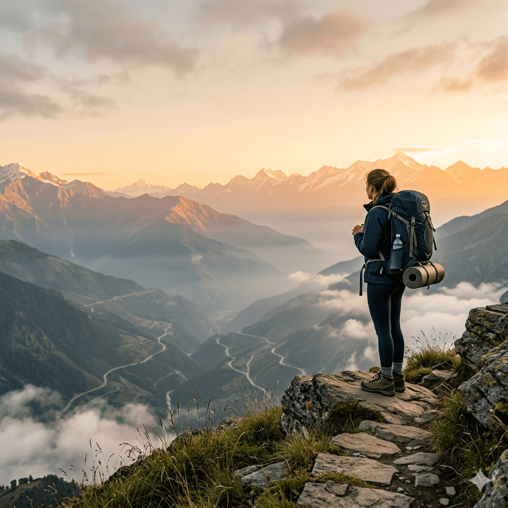 Solo traveler standing on a mountain during a solo trip