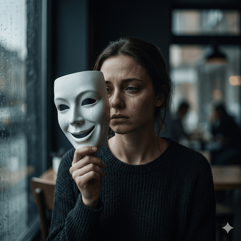 Woman struggling with hidden sadness behind a smile