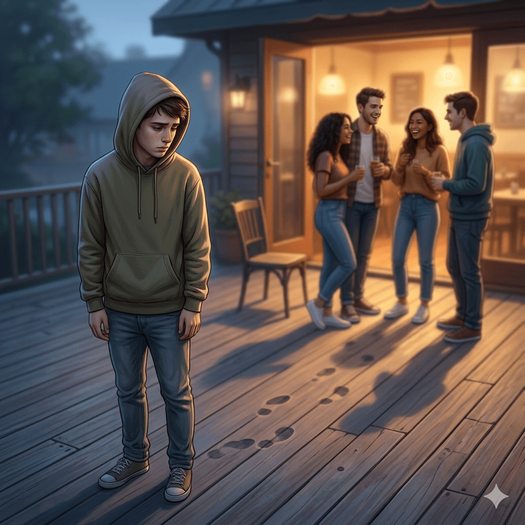 Friend who always felt left out sitting alone while others socialize