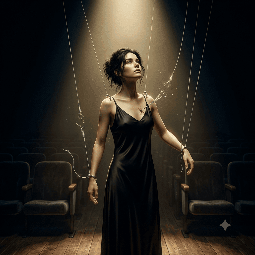 Woman holding a smiling mask while embracing her authentic self in a dimly lit room.