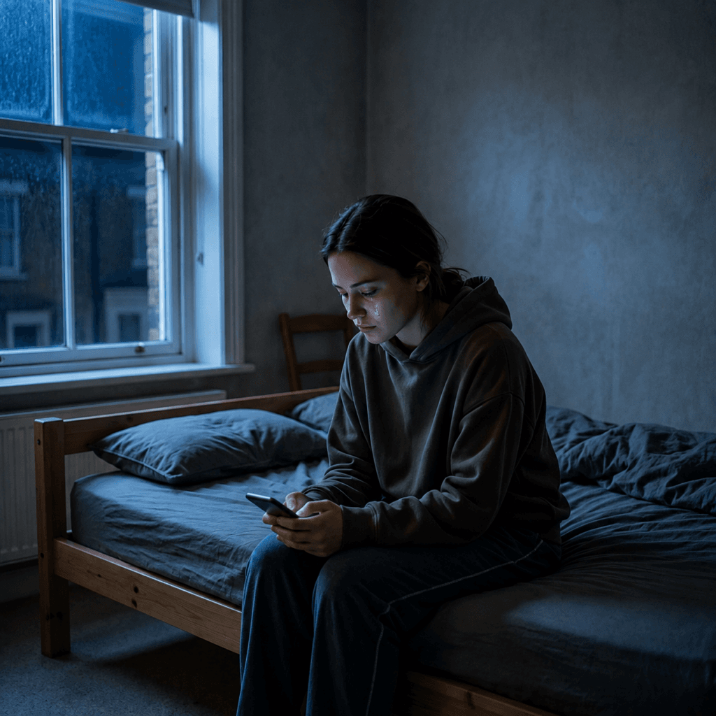 Person sitting at night reflecting on trauma bond
