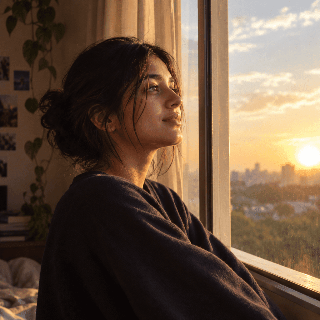 Young woman standing by a window at sunrise with a tired but peaceful expression