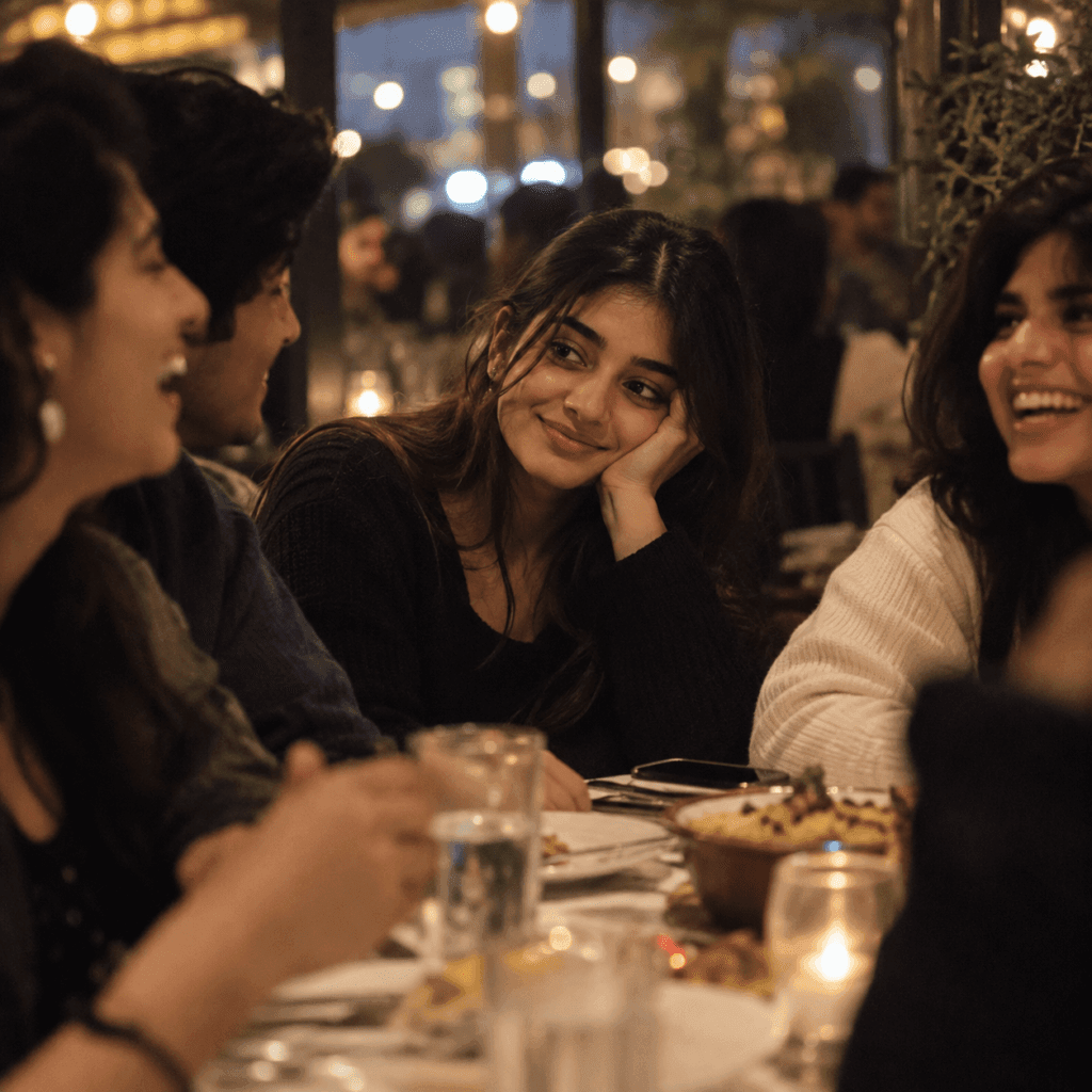Young woman smiling with friends at dinner while quietly experiencing emotional exhaustion