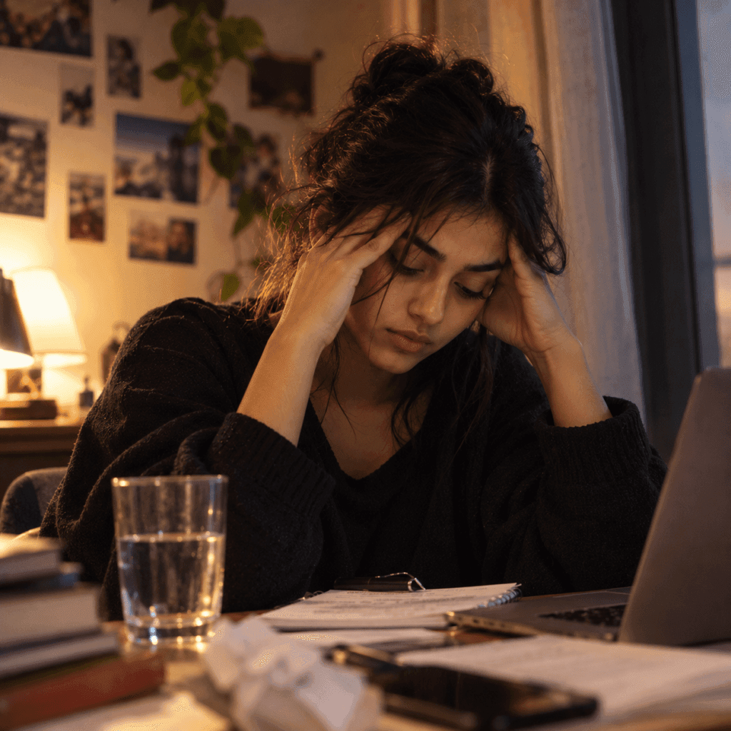 tired young woman rubbing her temples at a desk after a stressful day