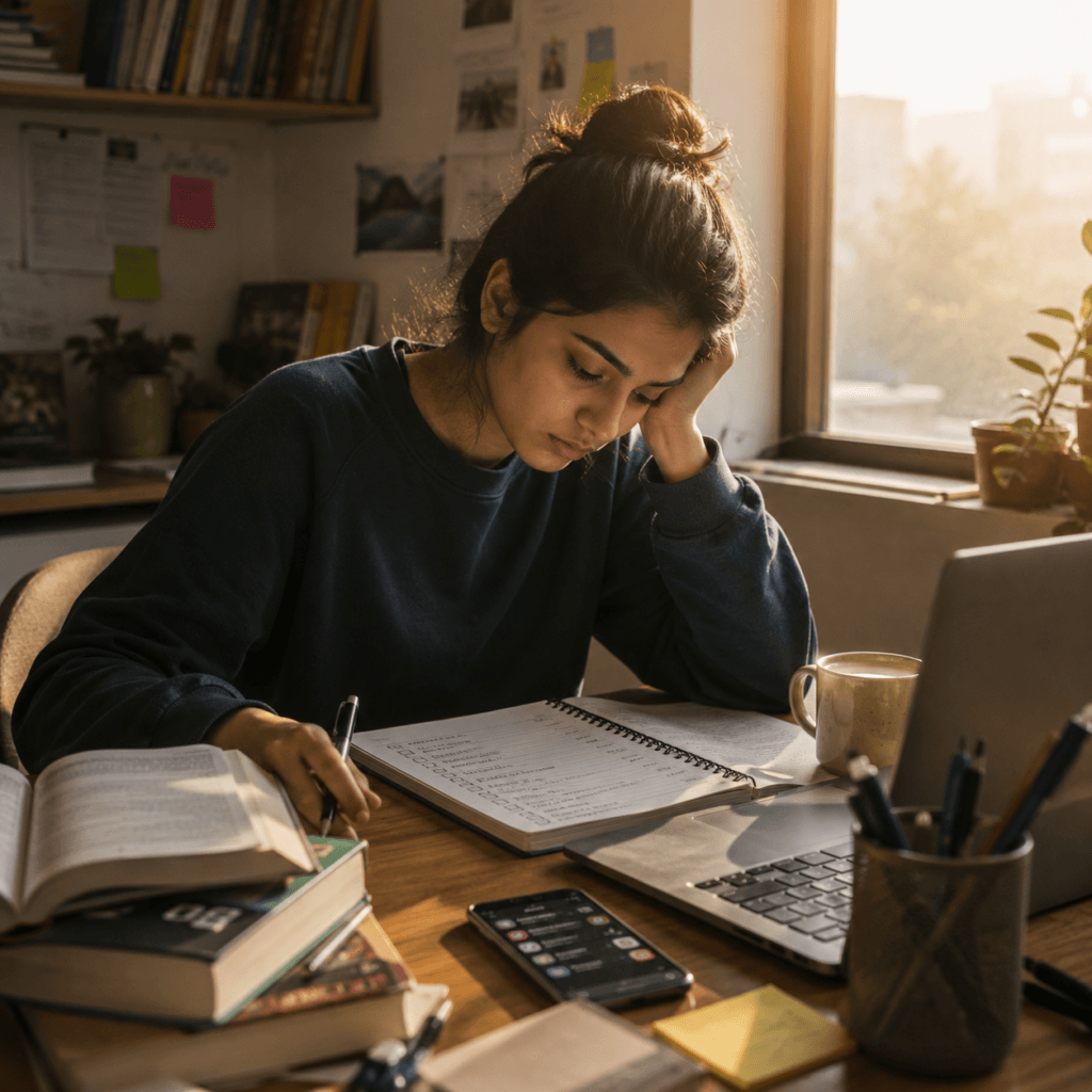 Young adult feeling mentally exhausted while sitting at a study desk, representing why you feel frustrated all the time.
