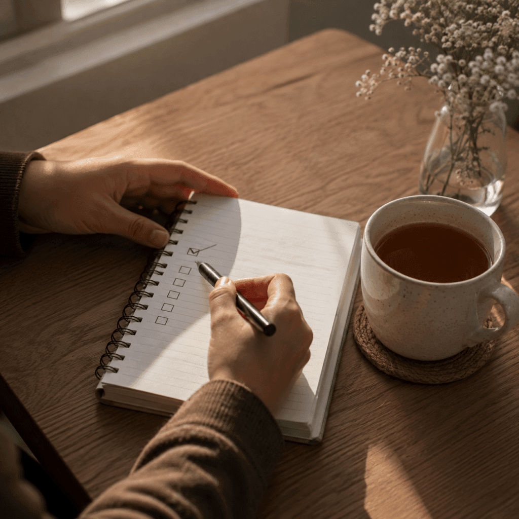 Person checking off one task on a handwritten to-do list, showing small steps to overcome frustration and burnout.