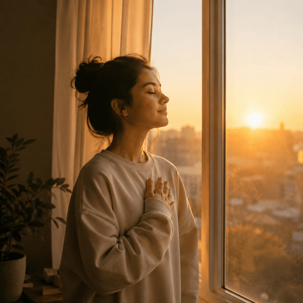 Young person practicing self-compassion by standing peacefully in morning sunlight after emotional burnout.