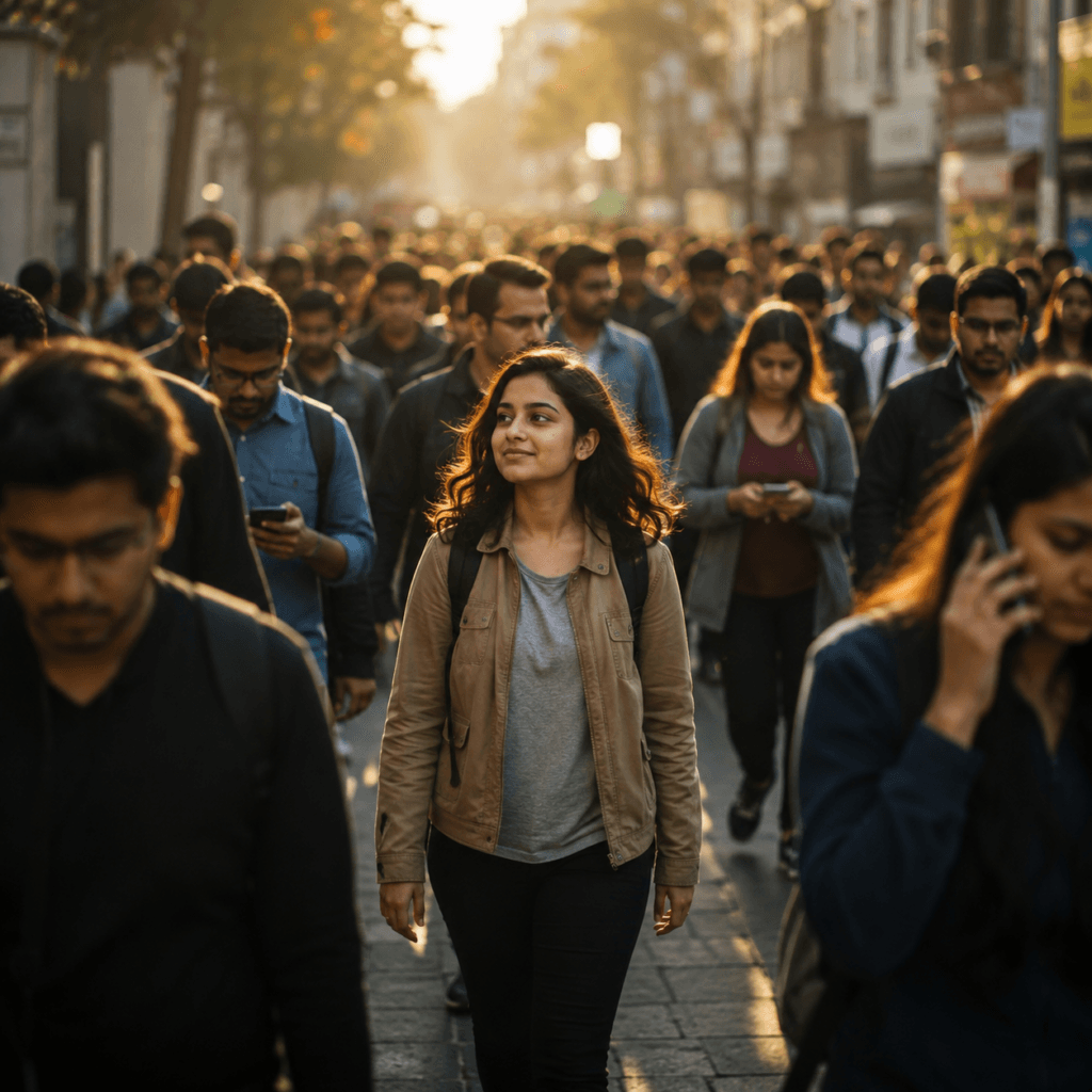 A young person walks confidently through a busy city while the surrounding crowd is focused on their own lives, symbolizing freedom from the fear of being judged.
