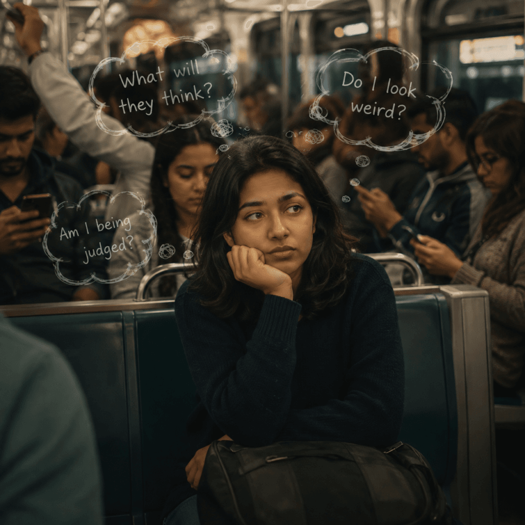 A young adult sits alone on public transport, surrounded by anxious thoughts while other passengers focus on their own phones and conversations, illustrating the fear of judgment and the spotlight effect.