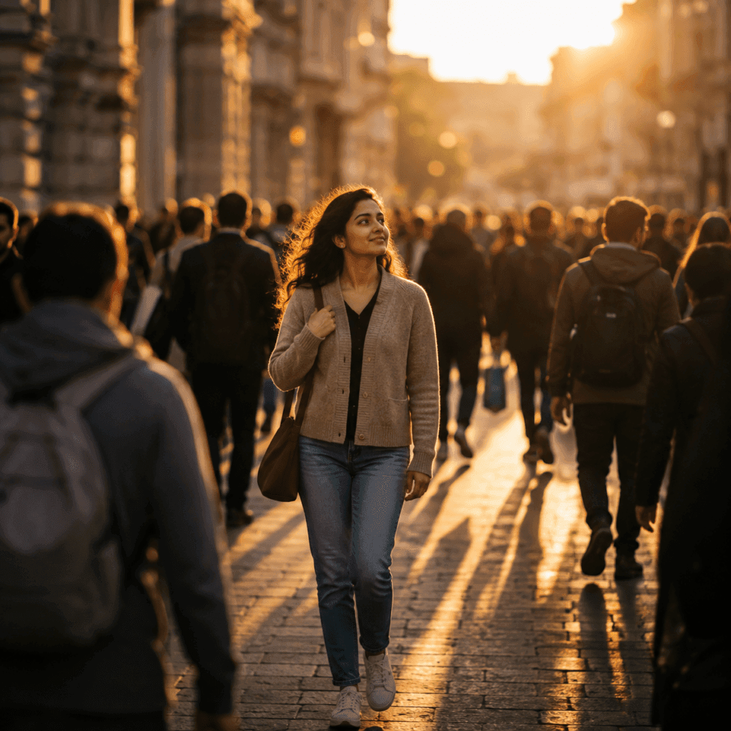 A young adult walks confidently through a busy city street at golden hour while blurred strangers remain focused on their own lives, symbolizing freedom from the fear of judgment and embracing authenticity.